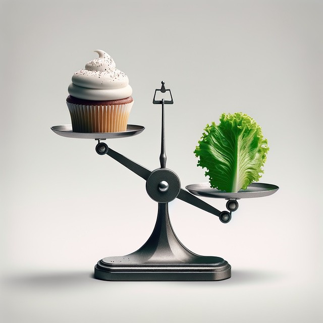 Cupcake and lettuce on balance scale