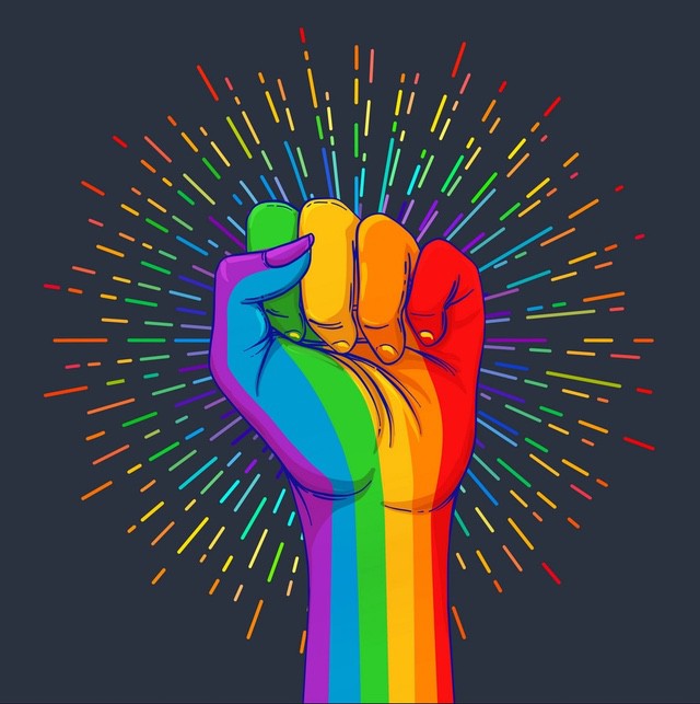 Colorful raised fist with rainbow rays