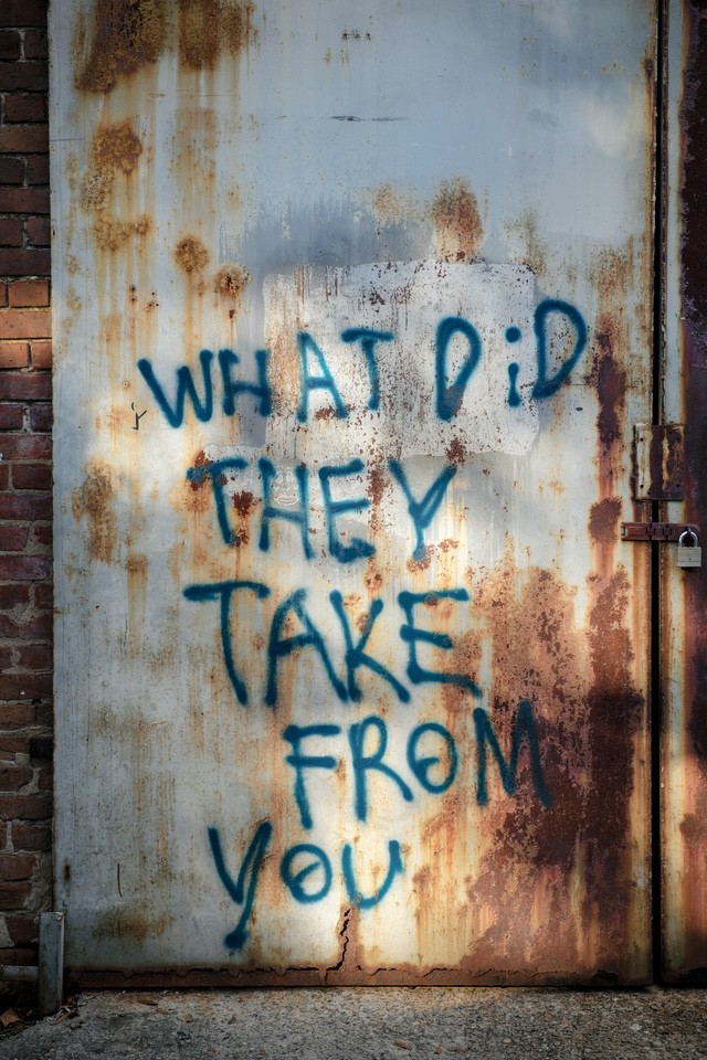 Graffiti question on a rusty metal door