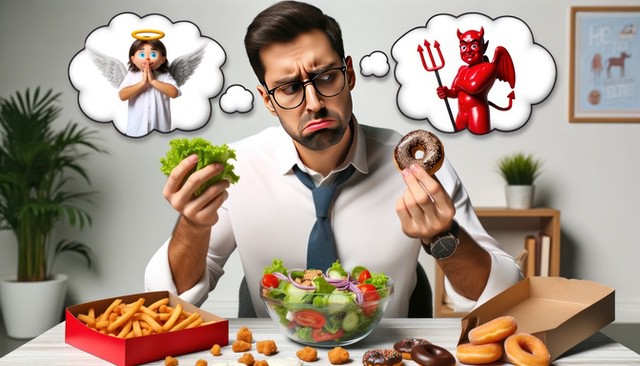 Man debating between salad and donut